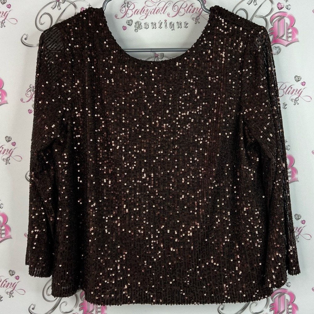 Part two long sleeve sparkly embroidered shiny Sequin Embellished Brown Top